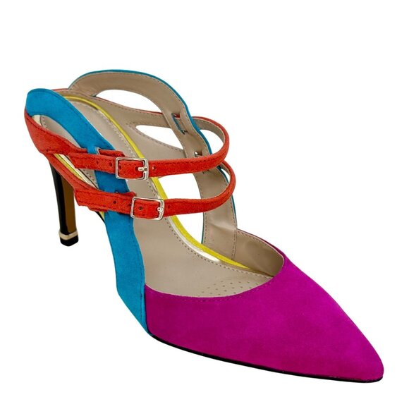 Kenneth Cole Multicolor Riley Suede Double Buckle Stiletto Heels Size 6 NEW! - Picture 1 of 12